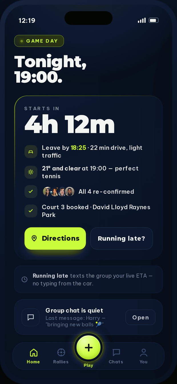 Game day screen - countdown, leave-by time, court booked