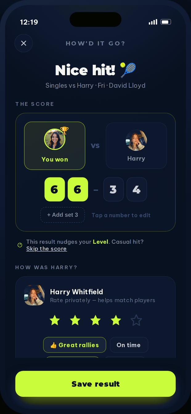 Logging a won match in Half Six